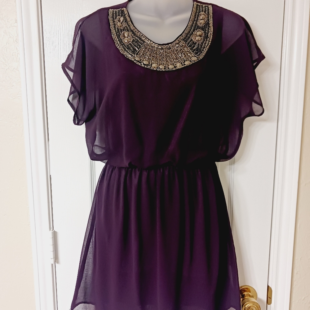 Embellished Neckline Plum Chiffon Dress